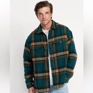 Old Navy Men's Oversized Heavyweight Teal and Brown Plaid Shirt Jacket